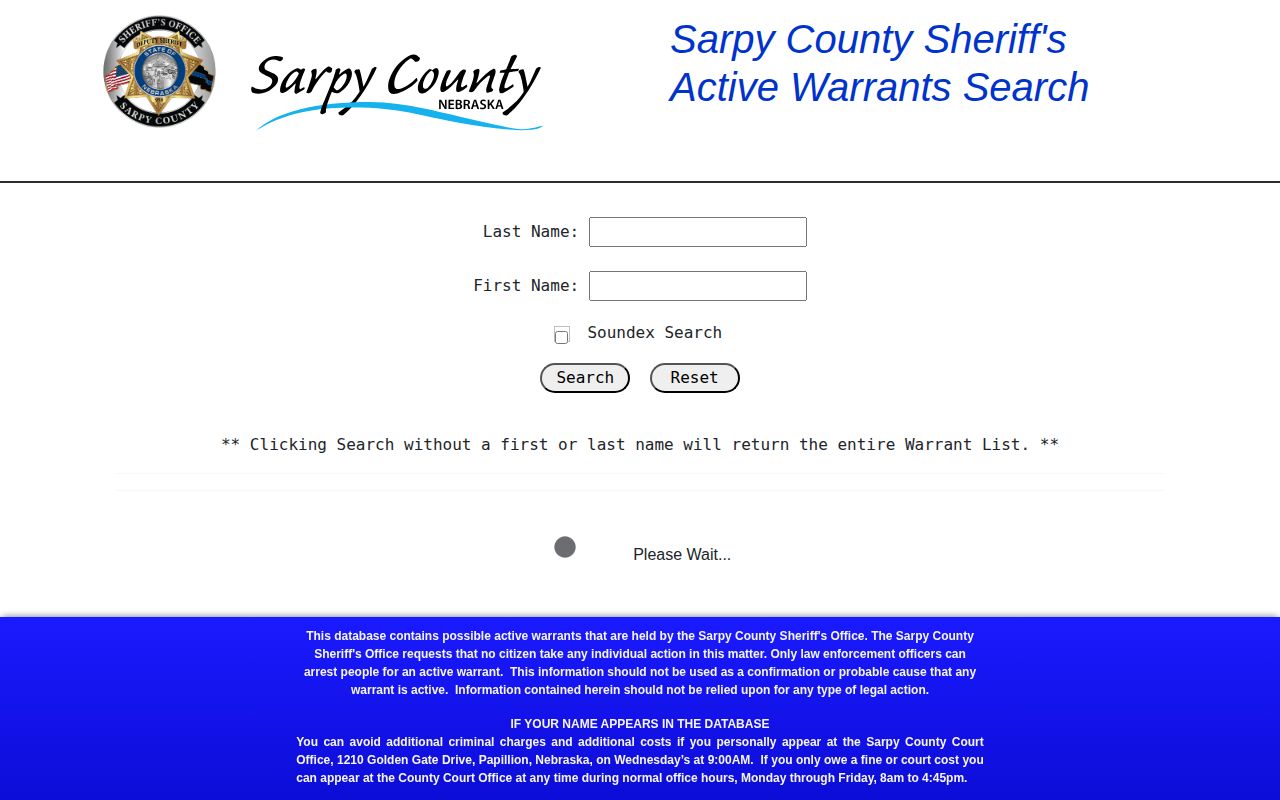 Sarpy County possible active warrant record search form