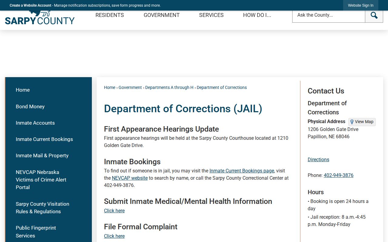 Sarpy County Correctional Center booking records source
