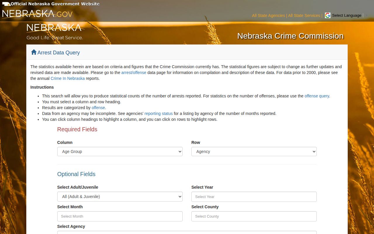 Nebraska Crime Commission Sarpy County arrest data query